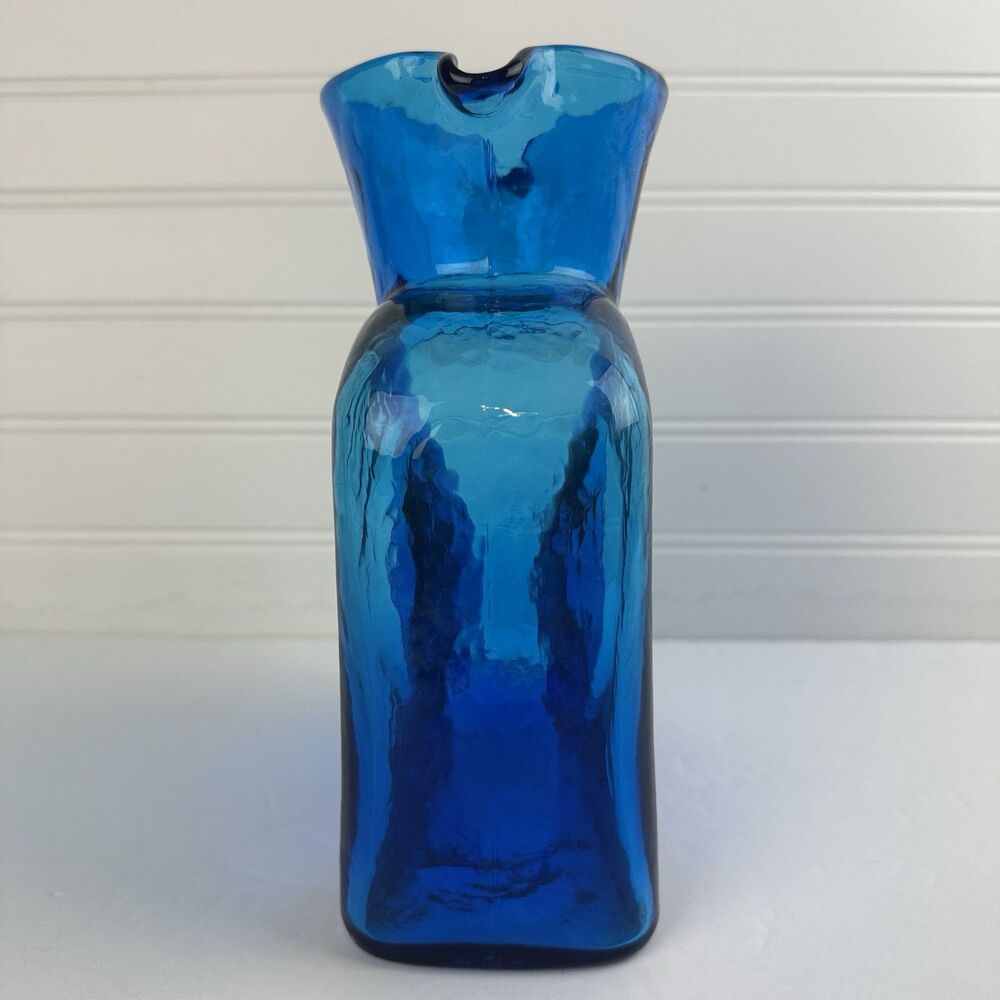 Blenko Glass Blue Double Spout Water Bottle Pitcher Carafe #384 Vintage Unmarked - Picture 2 of 15